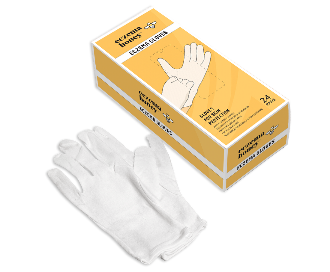 Eczema Honey Premium Cotton Gloves box with 100% cotton gloves for eczema-prone hands