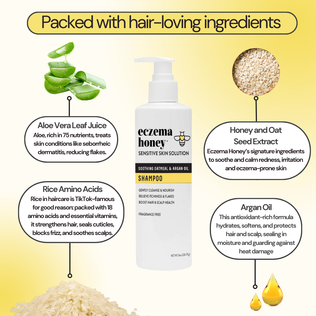 Illustration of hair care ingredients like aloe, honey, oat, and argan oil around a bottle of eczema honey shampoo.