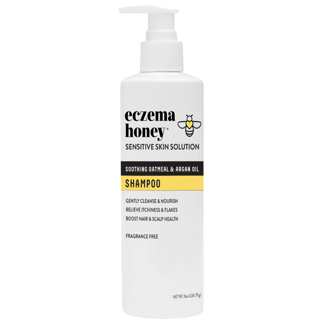 A bottle of Eczema Honey soothing oatmeal and argan oil shampoo for sensitive skin.